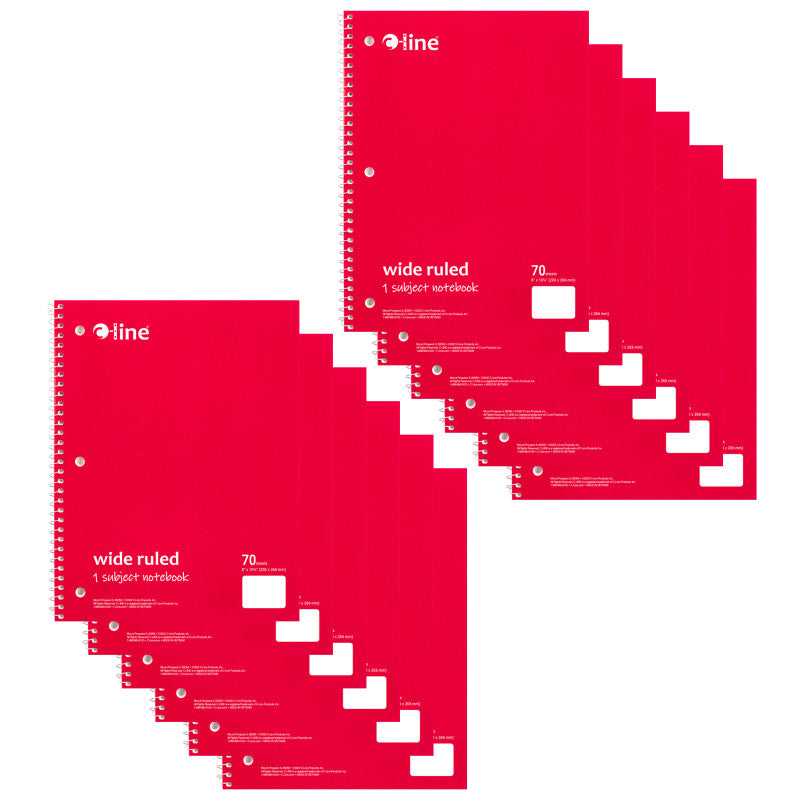 C-LINE - 1-Subject Notebook, 70 Page, Wide Ruled, Red, Pack of 12