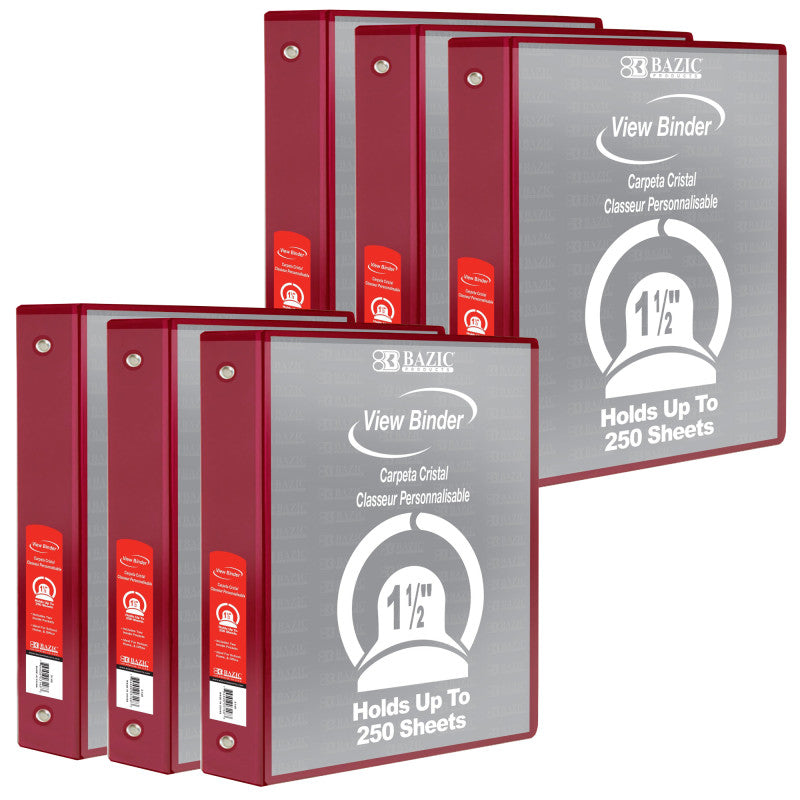 BAZIC PRODUCTS - 3-Ring View Binder with 2 Pockets, 1.5", Burgundy, Pack of 6