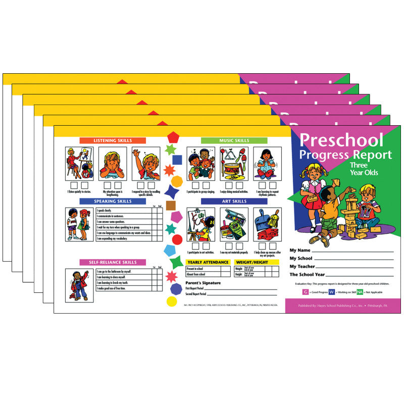 HAYES PUBLISHING - Preschool Progress Report, Three Year Olds, 10 Per Pack, 6 Packs
