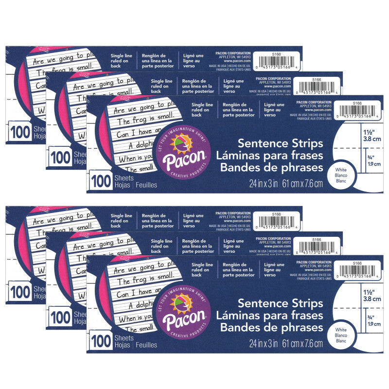 PACON - Sentence Strips, White, 1-1/2" Ruled, 3" x 24", 100 Strips Per Pack, 6 Packs