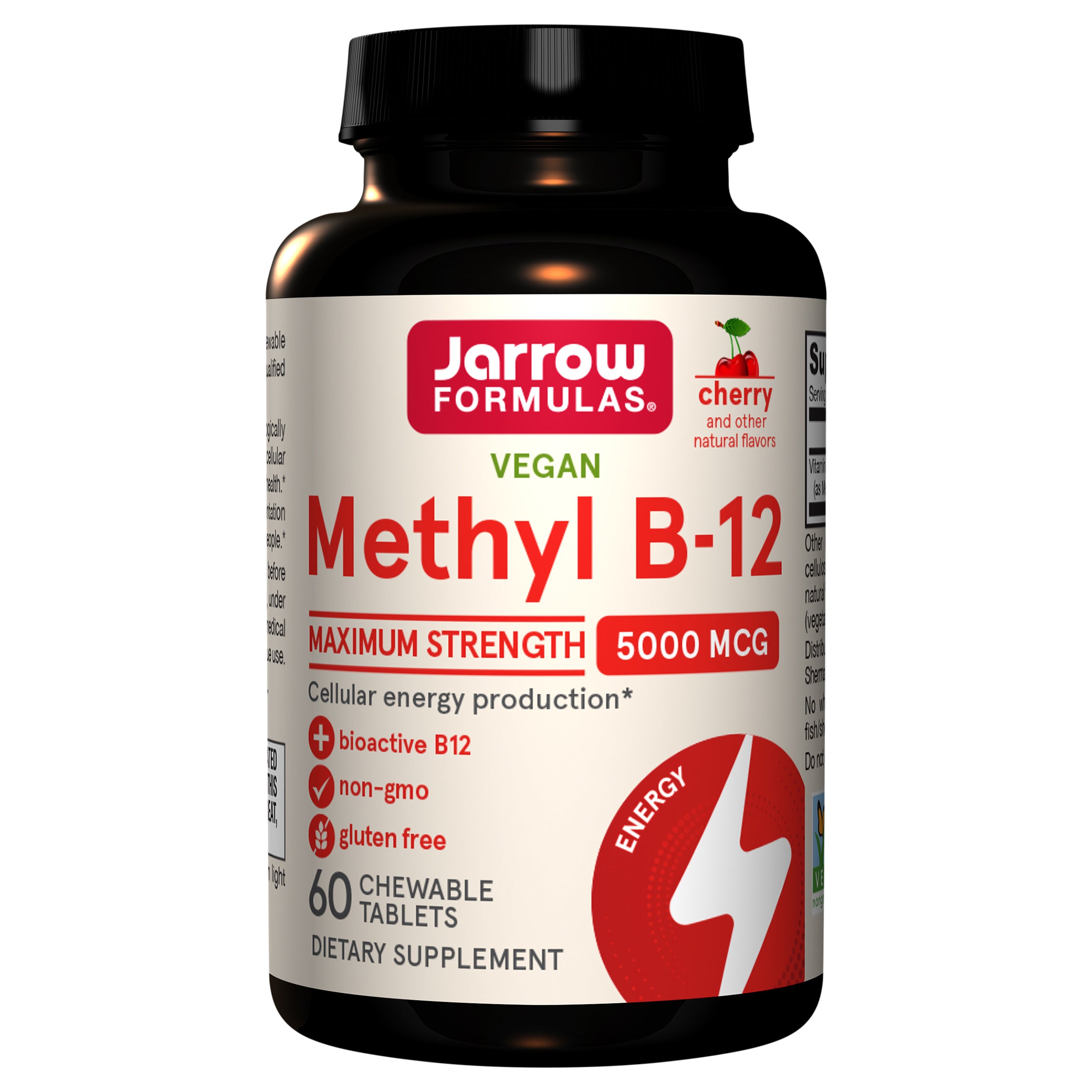 Jarrow Formulas Maximum Strength Methyl B-12 5000 mcg - Dietary Supplement - 60 Cherry Flavored Chewable Tablets - Bioactive Vitamin B-12 - Supports Cellular Energy Production, Sleep & Brain Health - Case of 1