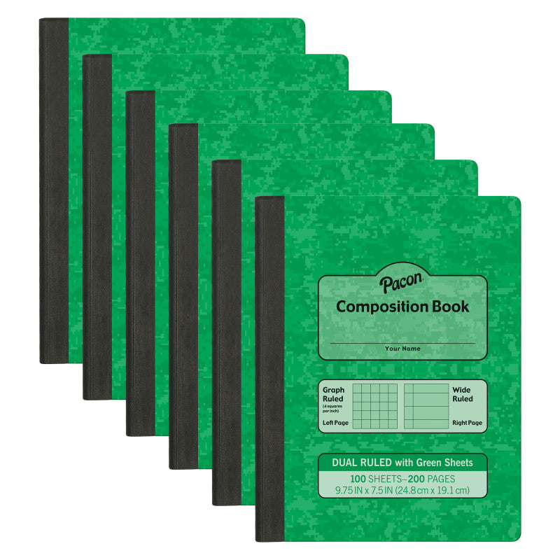 PACON - Dual Ruled Composition Book, Green, 1/4 in grid and 3/8 in (wide) 9-3/4" x 7-1/2", 100 Sheets, Pack of 6