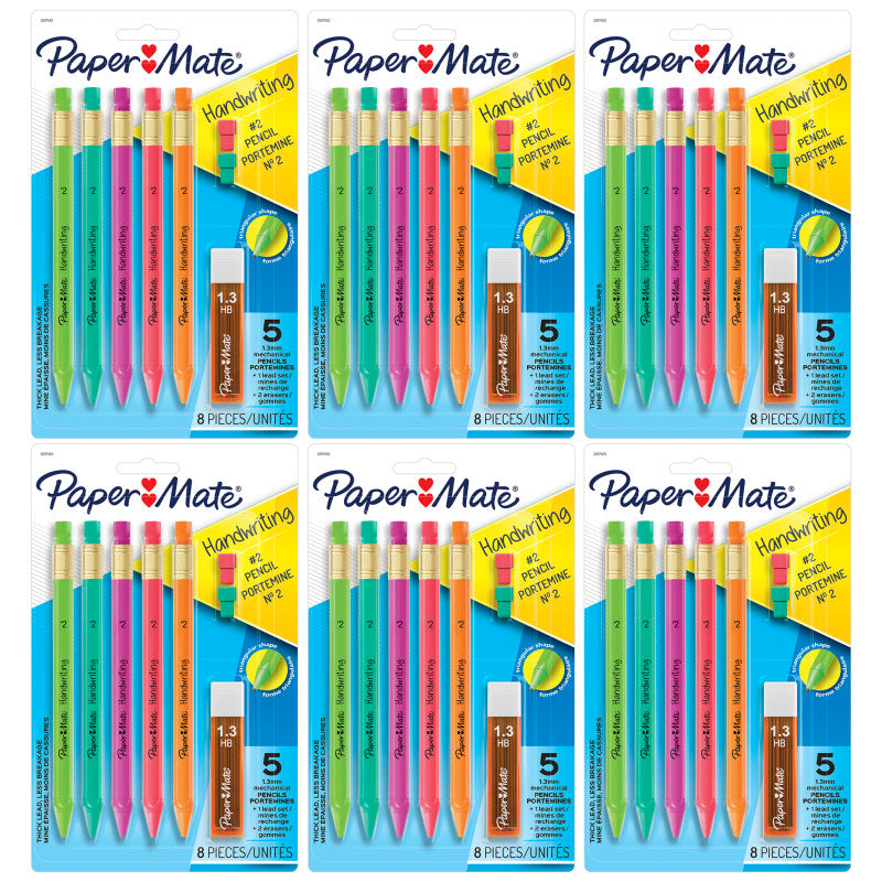 PAPER MATE - Handwriting Triangular Mechanical Pencil Set with Lead & Eraser Refills, 1.3mm, 5 Per Pack, 6 Packs