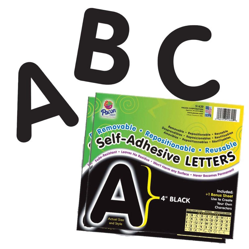 PACON - Self-Adhesive Letters, Black, Puffy Font, 4", 78 Characters Per Pack, 2 Packs