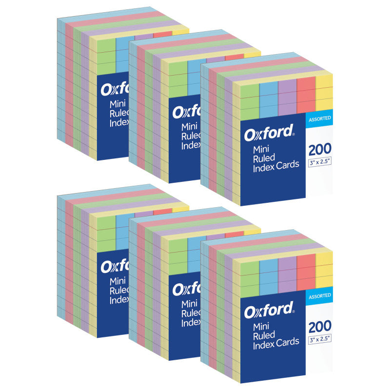 OXFORD - Mini Index Cards, 3" x 2.5", Ruled, Assorted Colors, 200 Per Pack, 6 Packs