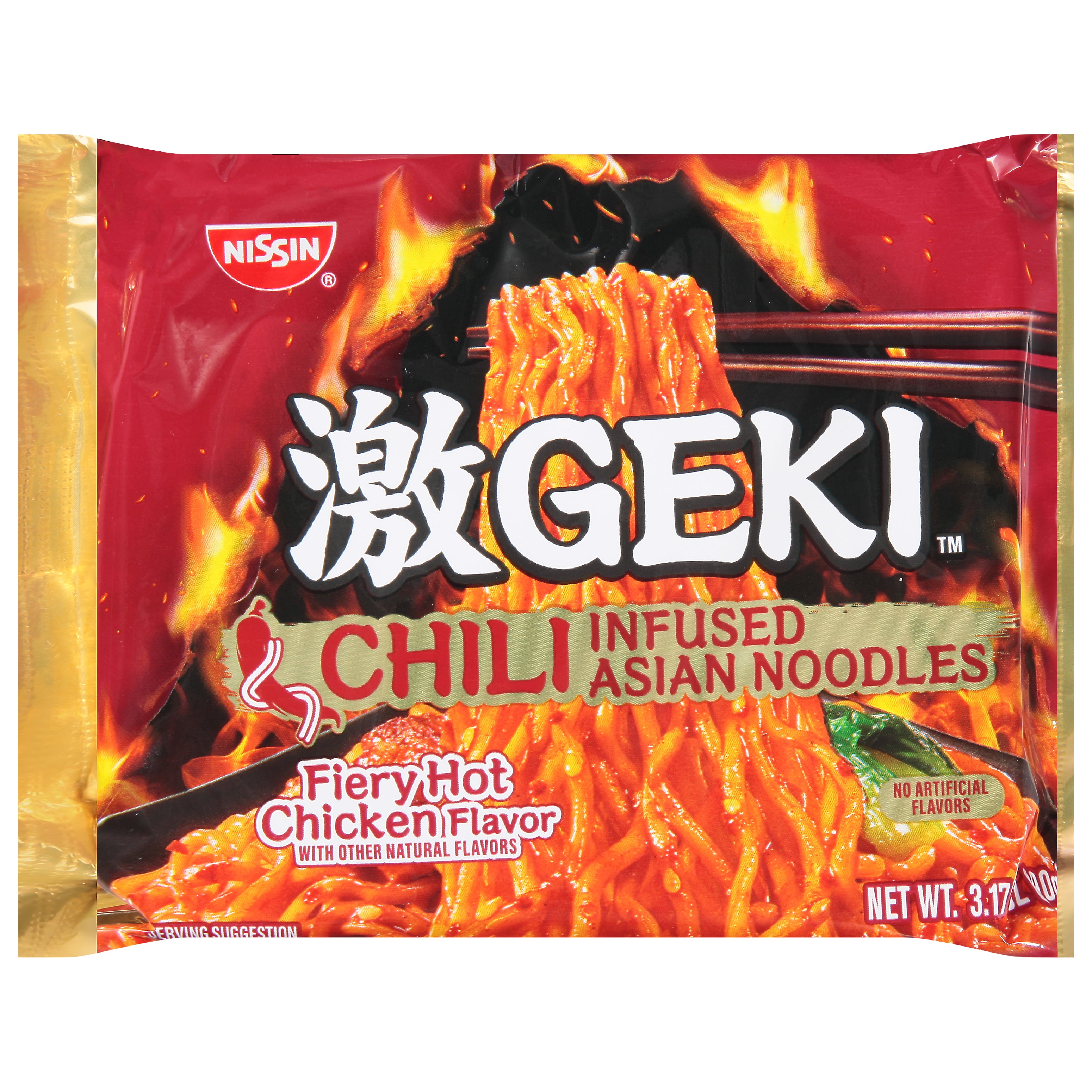 Nissin Geki Chili Infused Asian Fiery Hot Chicken Flavor Noodles 3.17 oz - Case of 12