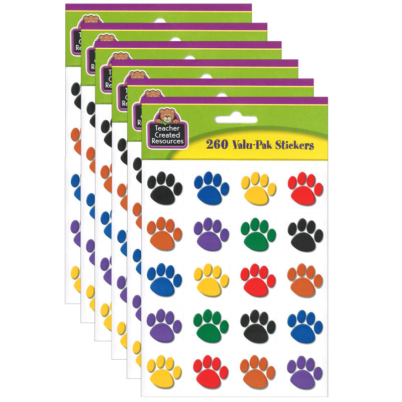 TEACHER CREATED RESOURCES - Colorful Paw Print Stickers Valu-Pak, 260 Pieces Per Pack, 6 Packs