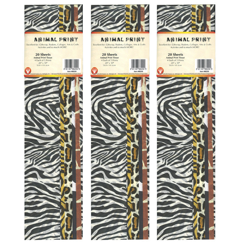 HYGLOSS - Tissue Paper, Animal Print Assortment, 20" x 30", 20 Sheets Per Pack, 3 Packs