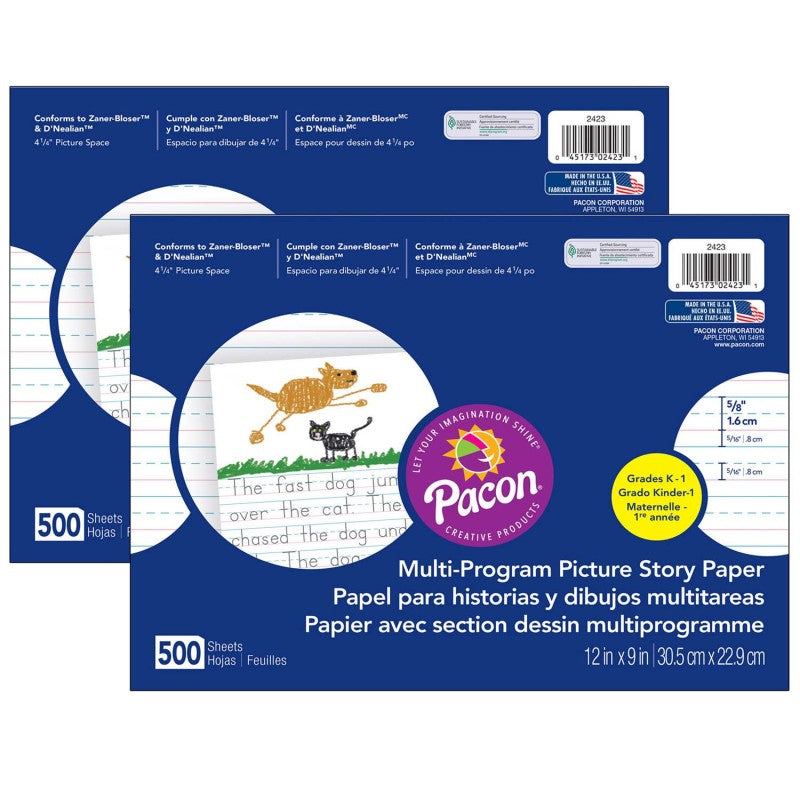 PACON - Multi-Program Picture Story Paper, 5/8" Ruled, White, 12" x 9", 500 Sheets Per Pack, 2 Packs