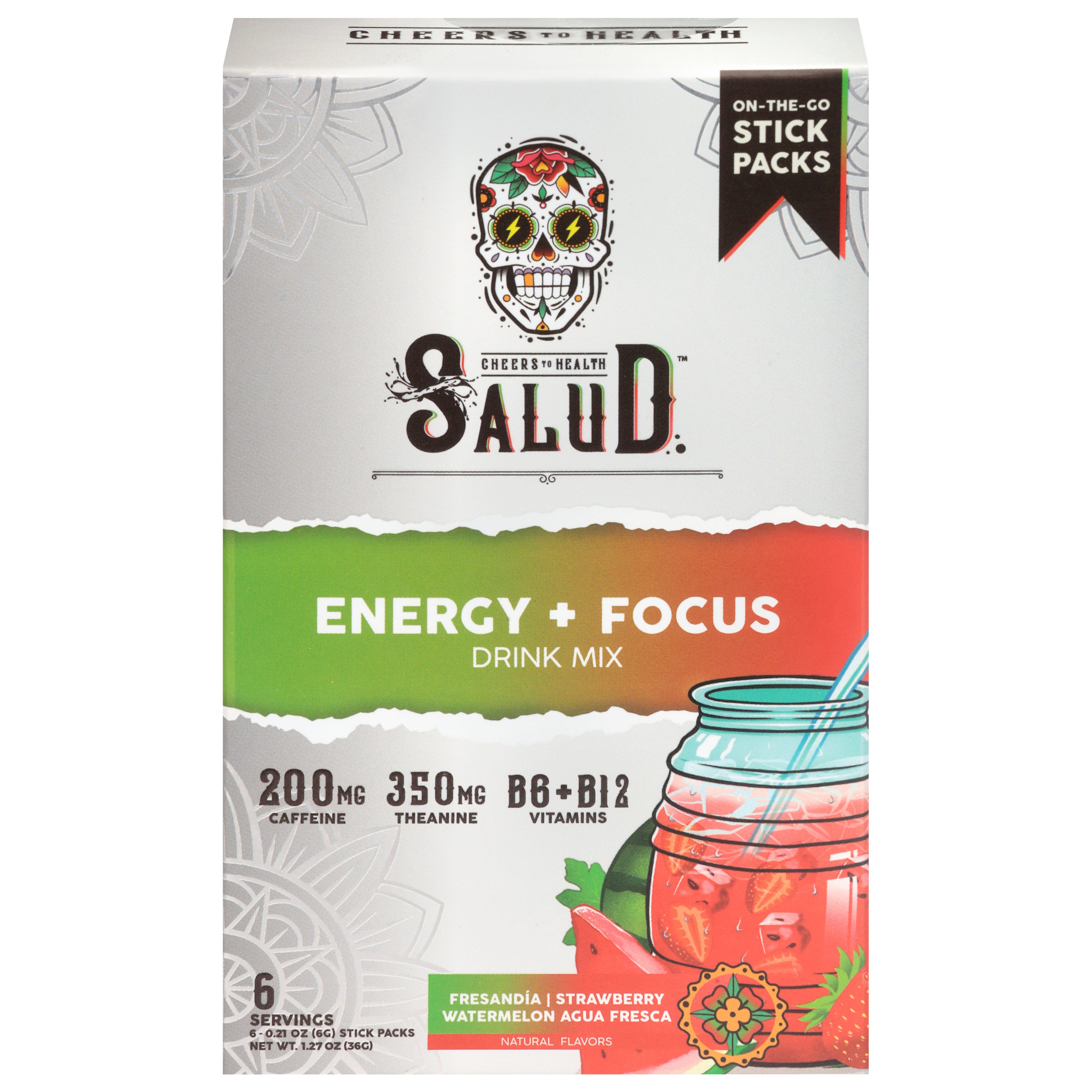 Salud Energy + Focus Watermelon Agua Fresca Drink Mix 6 - 0.21 oz Stick Packs - Case of 12