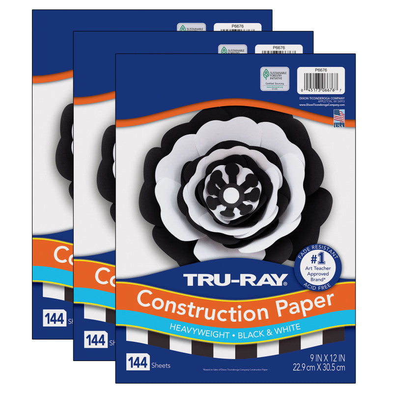 TRU-RAY - Premium Construction Paper, Black & White, 9" x 12", 144 Sheets Per Pack, 3 Packs