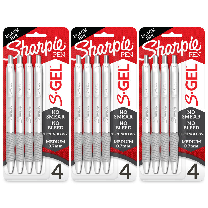 SHARPIE - S-Gel, Gel Pens, Medium Point (0.7mm), Pearl White Body, Black Gel Ink Pens, 4 Per Pack, 3 Packs