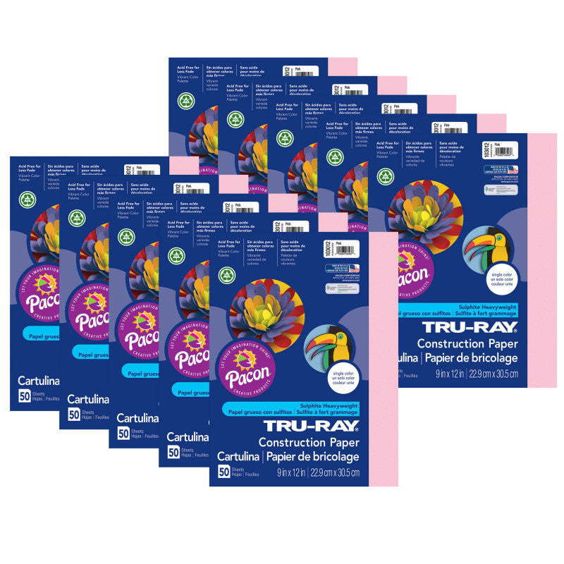 TRU-RAY - Construction Paper, Pink, 9" x 12", 50 Sheets Per Pack, 10 Packs (PAC103012-10)