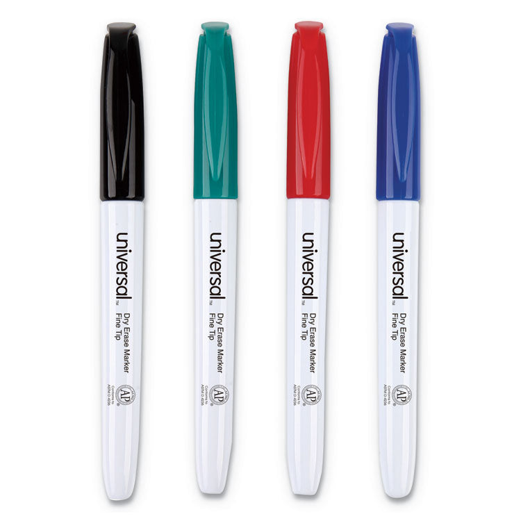 Universal - Pen Style Dry Erase Marker, Fine Bullet Tip, Assorted Colors, 4/Set