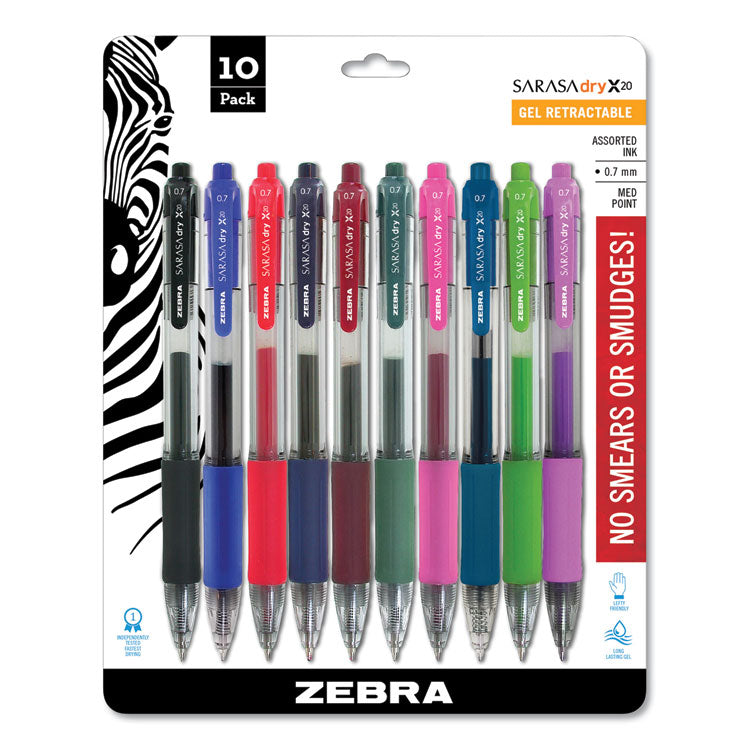 Zebra - Sarasa Dry Gel X20 Gel Pen, Retractable, Medium 0.7 mm, Assorted Ink and Barrel Colors, 10/Pack