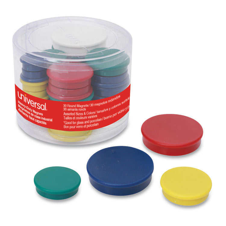 Universal - High-Intensity Assorted Magnets, Circles, Assorted Colors, 0.75", 1.25" and 1.5" Diameters, 30/Pack