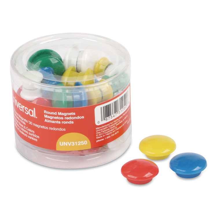 Universal - Assorted Magnets, Circles, Assorted Colors, 0.63", 1", 1.63" Diameters, 30/Pack