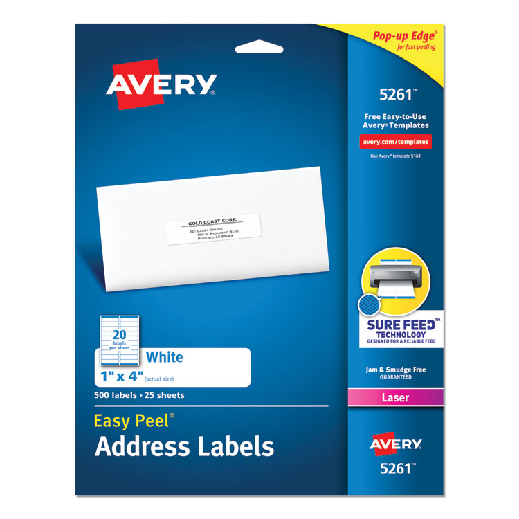 Avery - Easy Peel White Address Labels w/ Sure Feed Technology, Laser Printers, 1 x 4, White, 20/Sheet, 25 Sheets/Pack