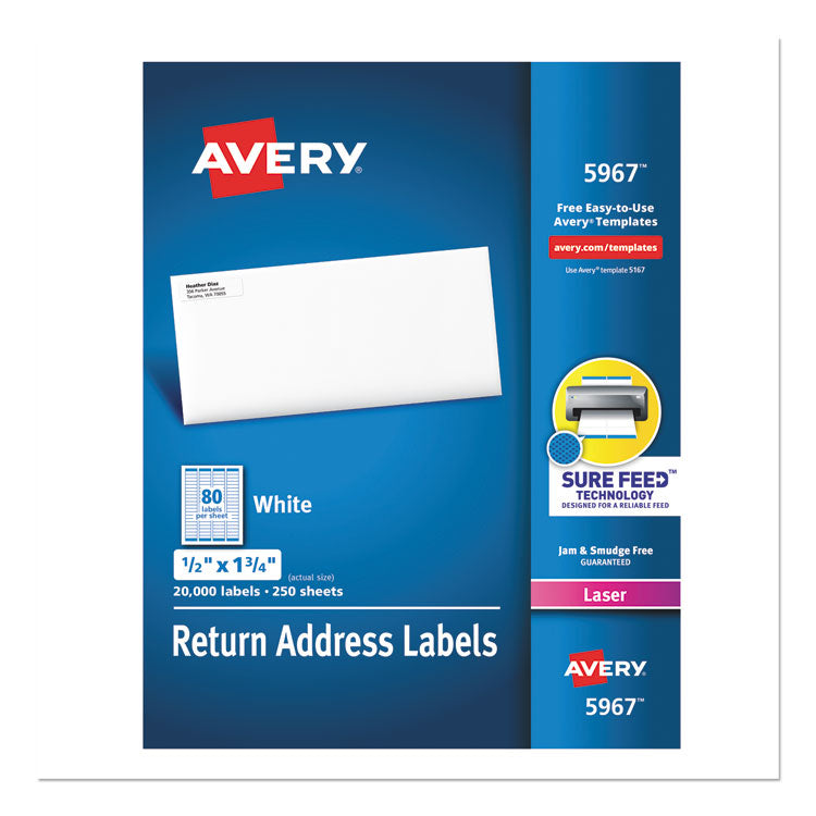 Avery - White Address Labels w/ Sure Feed Technology for Laser Printers, Laser Printers, 0.5 x 1.75, White, 80/Sheet, 250 Sheets/Box