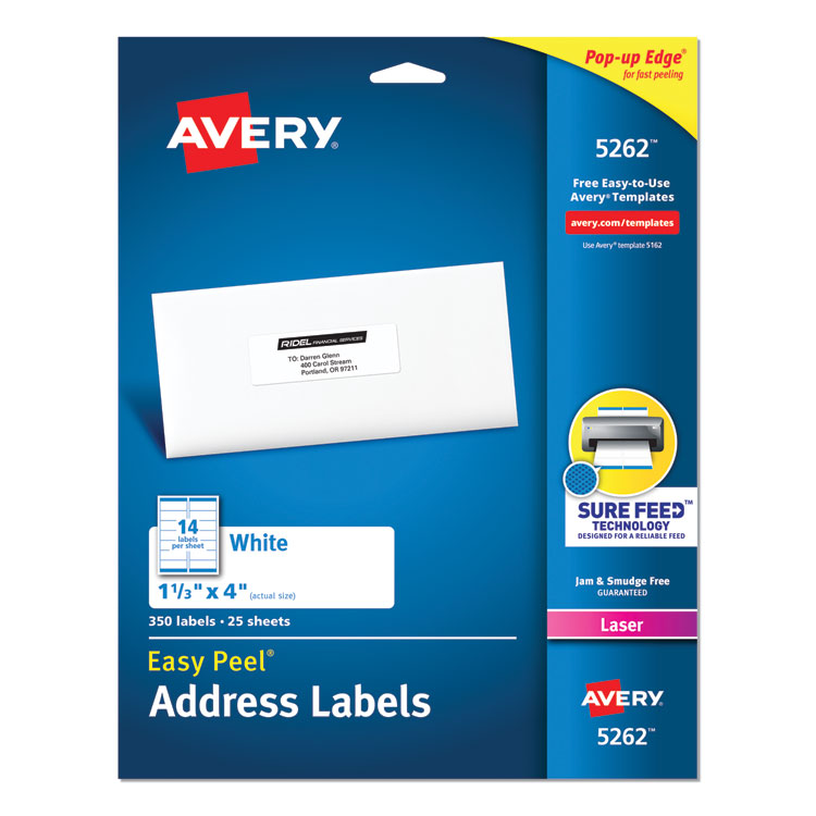 Avery - Easy Peel White Address Labels w/ Sure Feed Technology, Laser Printers, 1.33 x 4, White, 14/Sheet, 25 Sheets/Pack