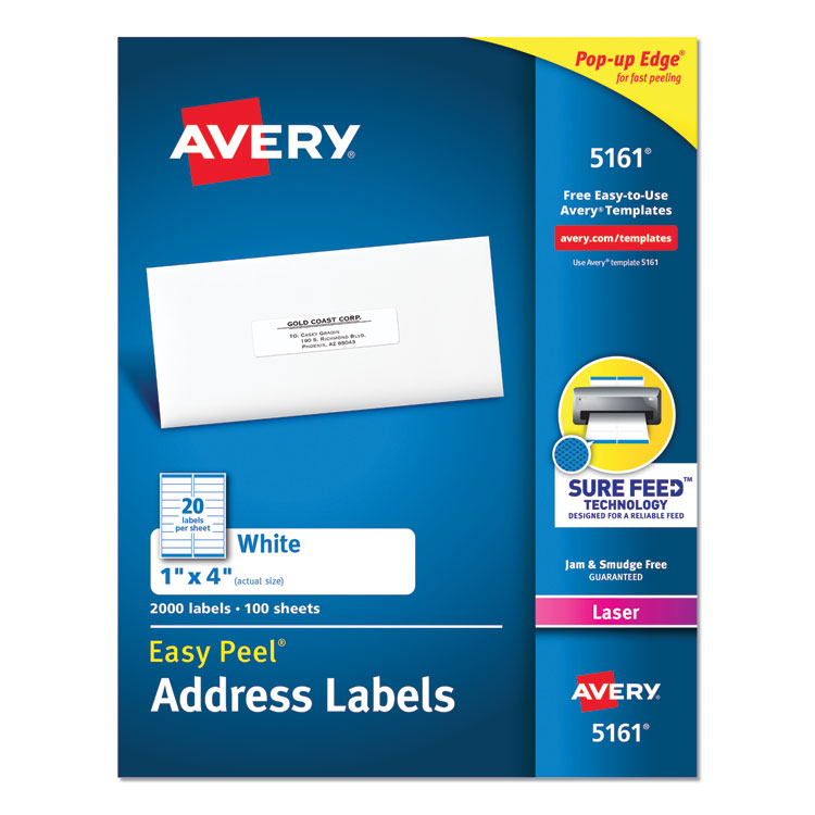 Avery - Easy Peel White Address Labels w/ Sure Feed Technology, Laser Printers, 1 x 4, White, 20/Sheet, 100 Sheets/Box