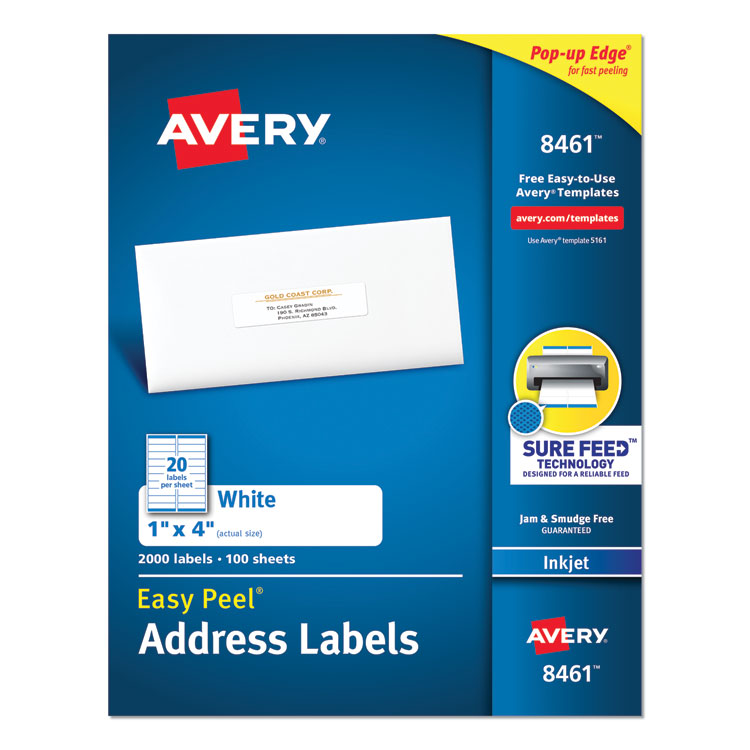 Avery - Easy Peel White Address Labels w/ Sure Feed Technology, Inkjet Printers, 1 x 4, White, 20/Sheet, 100 Sheets/Box