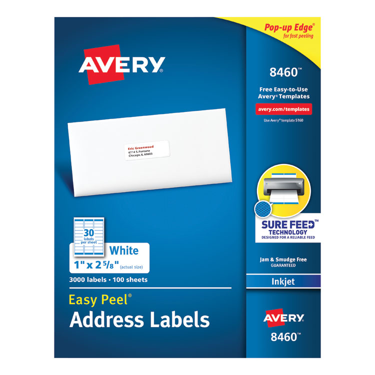 Avery - Easy Peel White Address Labels w/ Sure Feed Technology, Inkjet Printers, 1 x 2.63, White, 30/Sheet, 100 Sheets/Box