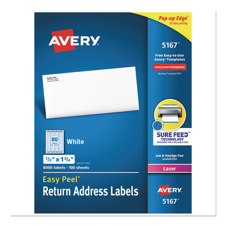 Avery - Easy Peel White Address Labels w/ Sure Feed Technology, Laser Printers, 0.5 x 1.75, White, 80/Sheet, 100 Sheets/Box