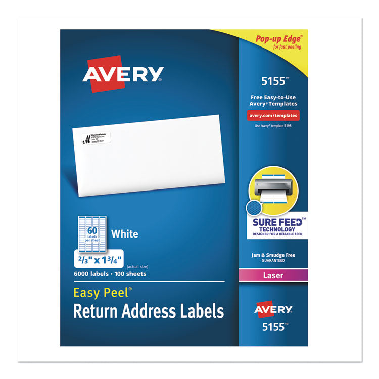 Avery - Easy Peel White Address Labels w/ Sure Feed Technology, Laser Printers, 0.66 x 1.75, White, 60/Sheet, 100 Sheets/Pack