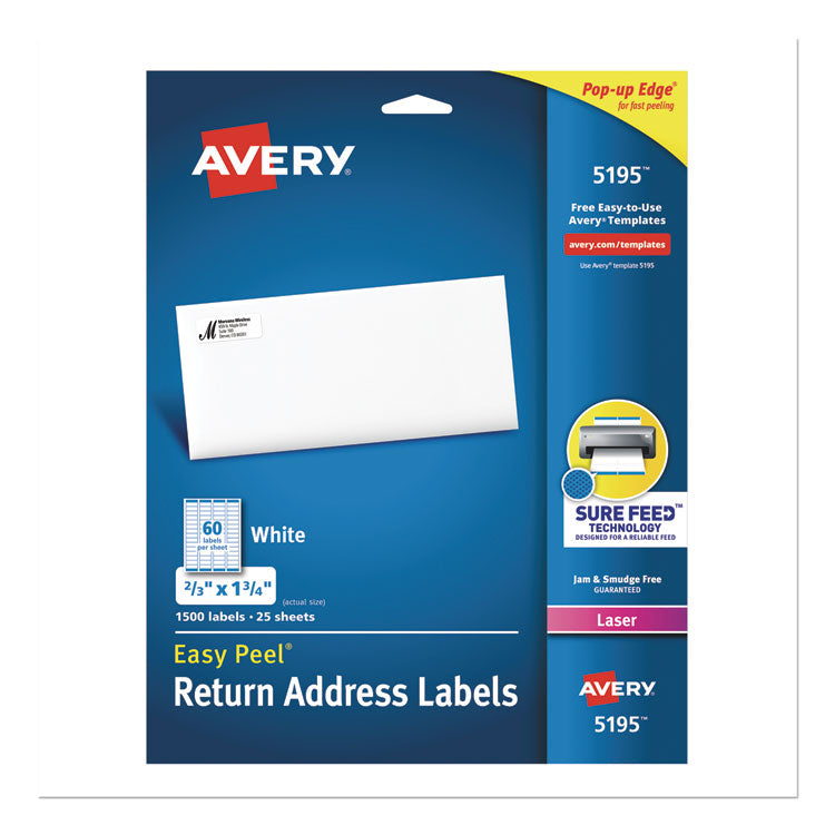 Avery - Easy Peel White Address Labels w/ Sure Feed Technology, Laser Printers, 0.66 x 1.75, White, 60/Sheet, 25 Sheets/Pack