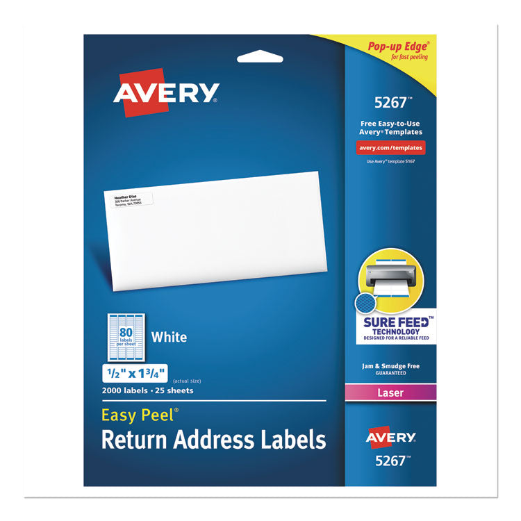 Avery - Easy Peel White Address Labels w/ Sure Feed Technology, Laser Printers, 0.5 x 1.75, White, 80/Sheet, 25 Sheets/Pack