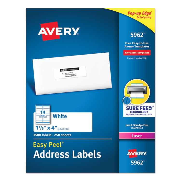 Avery - Easy Peel White Address Labels w/ Sure Feed Technology, Laser Printers, 1.33 x 4, White, 14/Sheet, 250 Sheets/Box