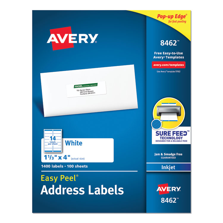 Avery - Easy Peel White Address Labels w/ Sure Feed Technology, Inkjet Printers, 1.33 x 4, White, 14/Sheet, 100 Sheets/Box