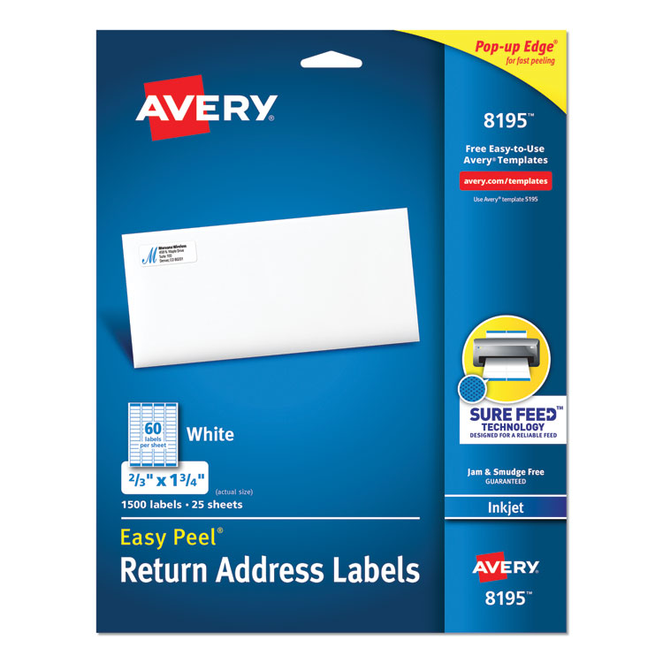 Avery - Easy Peel White Address Labels w/ Sure Feed Technology, Inkjet Printers, 0.66 x 1.75, White, 60/Sheet, 25 Sheets/Pack