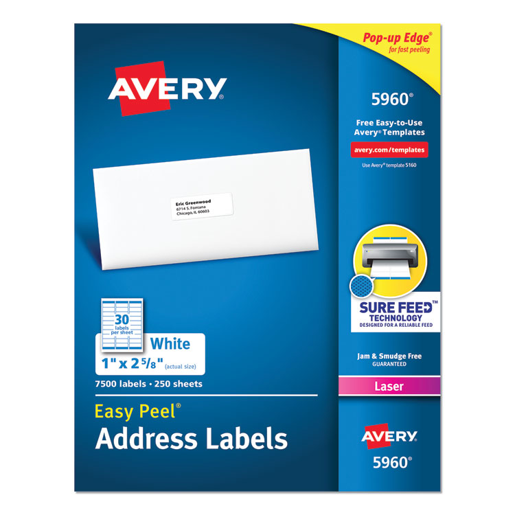 Avery - Easy Peel White Address Labels w/ Sure Feed Technology, Laser Printers, 1 x 2.63, White, 30/Sheet, 250 Sheets/Pack