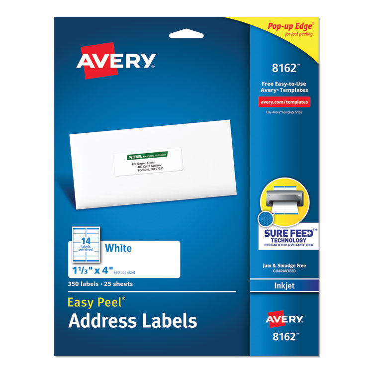 Avery - Easy Peel White Address Labels w/ Sure Feed Technology, Inkjet Printers, 1.33 x 4, White, 14/Sheet, 25 Sheets/Pack