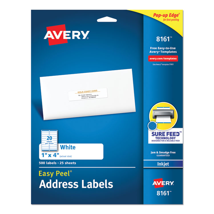 Avery - Easy Peel White Address Labels w/ Sure Feed Technology, Inkjet Printers, 1 x 4, White, 20/Sheet, 25 Sheets/Pack