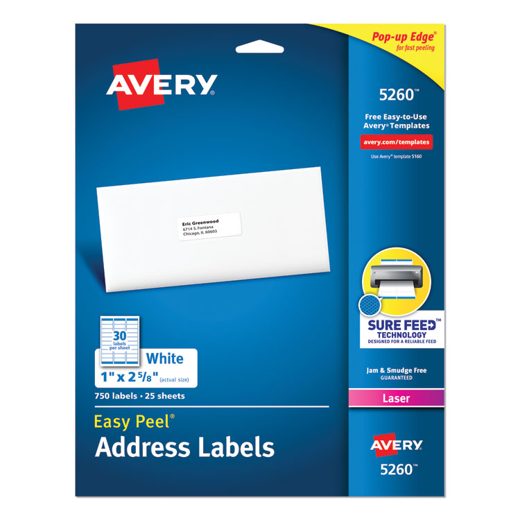 Avery - Easy Peel White Address Labels w/ Sure Feed Technology, Laser Printers, 1 x 2.63, White, 30/Sheet, 25 Sheets/Pack