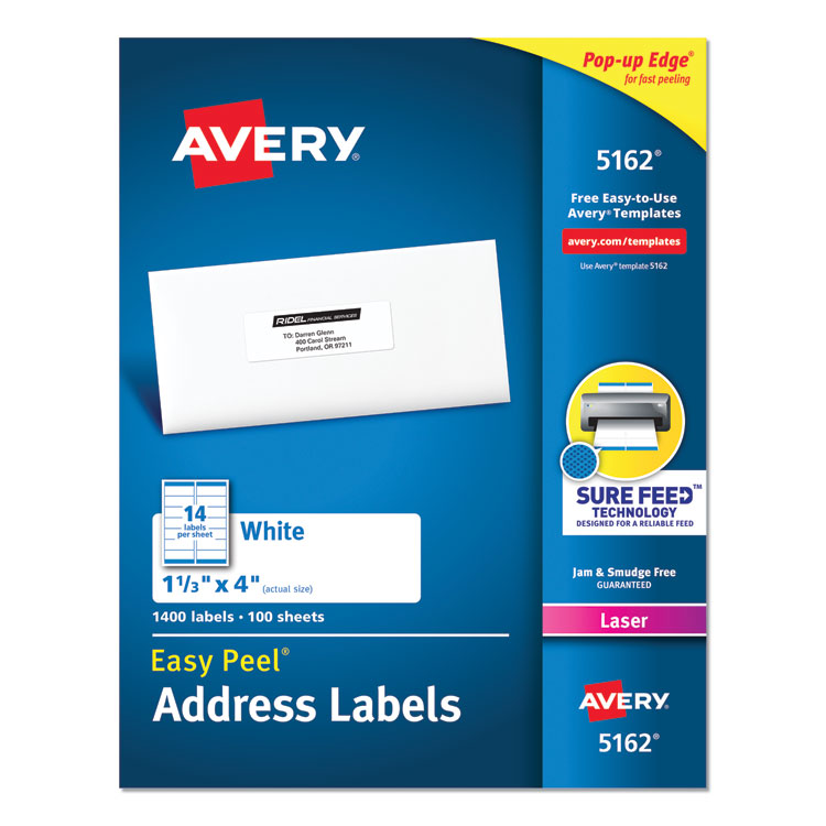 Avery - Easy Peel White Address Labels w/ Sure Feed Technology, Laser Printers, 1.33 x 4, White, 14/Sheet, 100 Sheets/Box