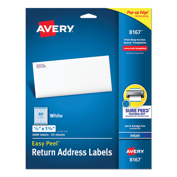 Avery - Easy Peel White Address Labels w/ Sure Feed Technology, Inkjet Printers, 0.5 x 1.75, White, 80/Sheet, 25 Sheets/Pack