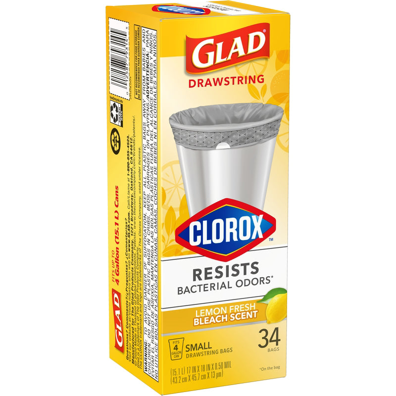 GLAD - Glad 4 gal Lemon Scent Kitchen Trash Bags Drawstring 34 pk 0.5 mil - Case of 6