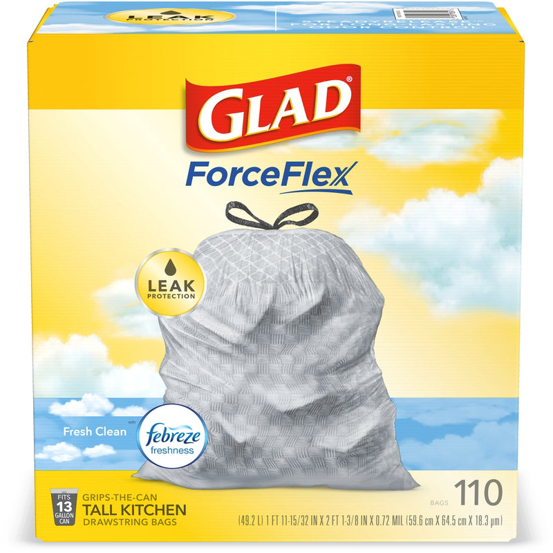 GLAD - Glad Force Flex 13 gal Fresh Scent Tall Kitchen Bags Drawstring 110 pk 0.72 mil - Case of 3