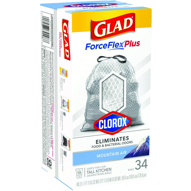 GLAD - Glad Force Flex Plus 13 gal Mountain Air Scent Tall Kitchen Bags Drawstring 34 pk 0.82 mil - Case of 6