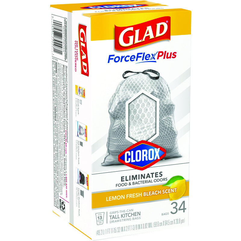 GLAD - Glad Force Flex Plus 13 gal Lemon Scent Tall Kitchen Bags Drawstring 34 pk 0.82 mil - Case of 6