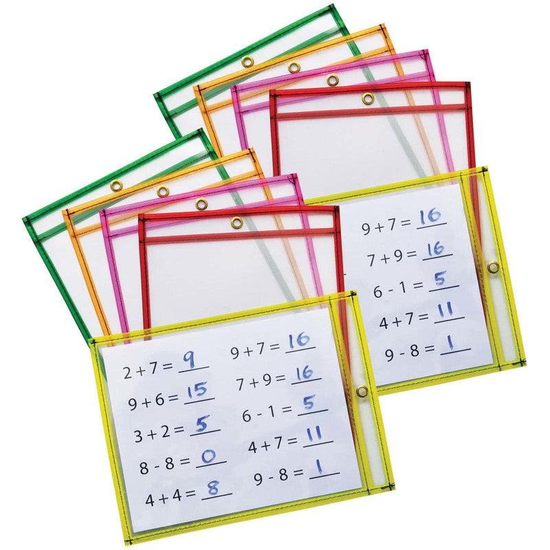 PACON - Dry Erase Pockets, 5 Assorted Neon Colors, 9" x 12", 10 Pockets Per Pack, 2 Packs