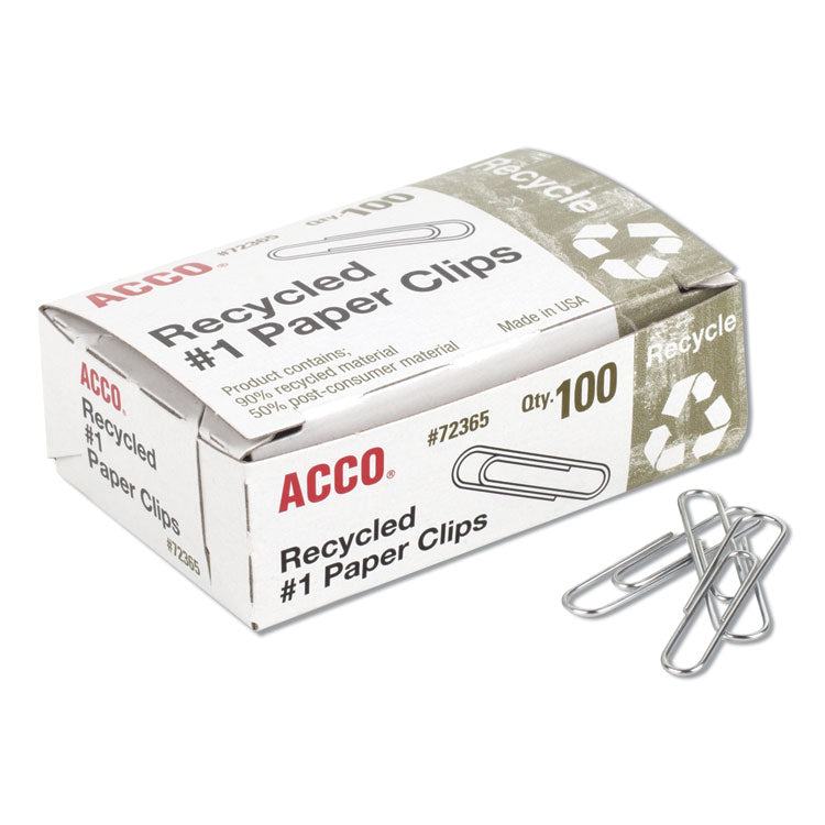 ACCO - Recycled Paper Clips, #1, Smooth, Silver, 100 Clips/Box, 10 Boxes/Pack