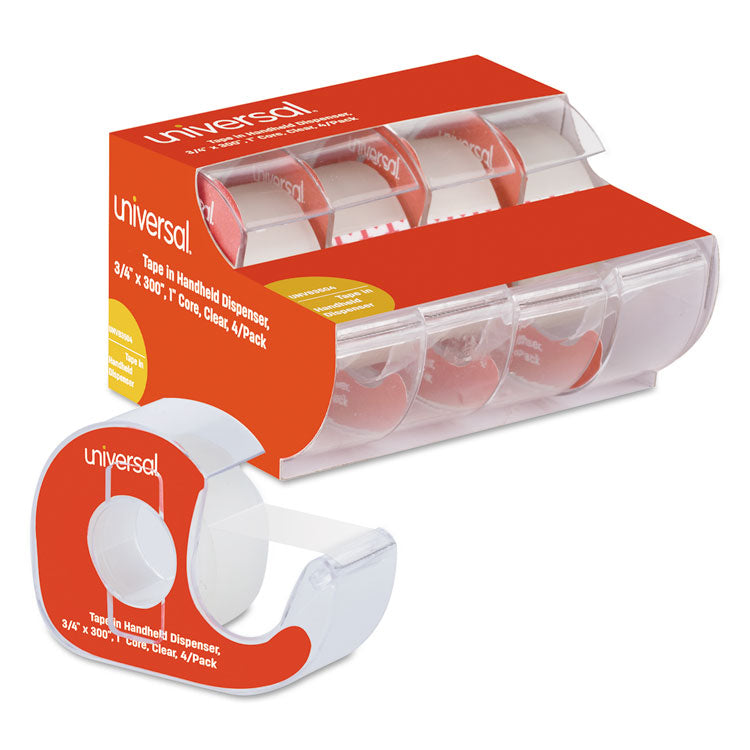 Universal - Invisible Tape with Handheld Dispenser, 1" Core, 0.75" x 25 ft, Clear, 4/Pack