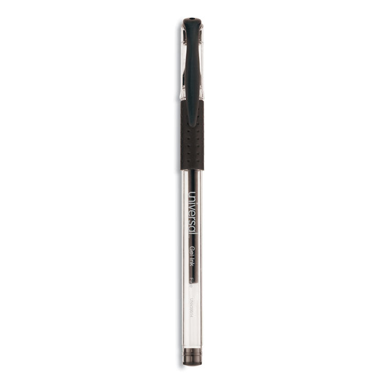 Universal - Comfort Grip Gel Pen, Stick, Fine 0.5 mm, Black Ink, Clear Barrel, Dozen