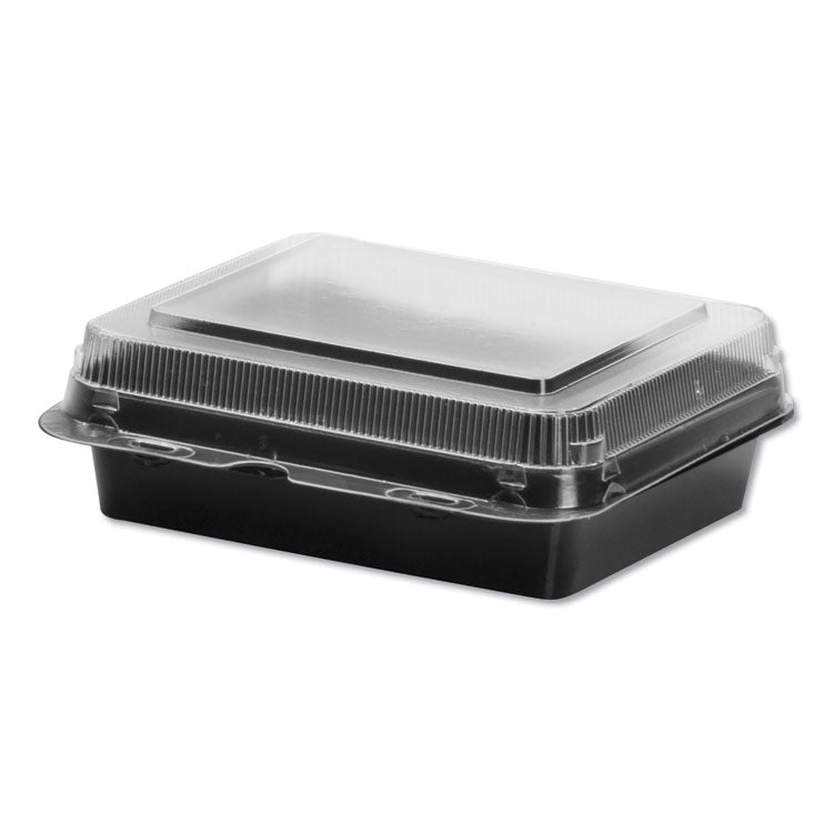 Dart - Creative Carryouts Hinged Plastic Hot Deli Boxes, Medium Snack Box, 18 oz, 6.22 x 5.9 x 2.1, Black/Clear, 200/Carton