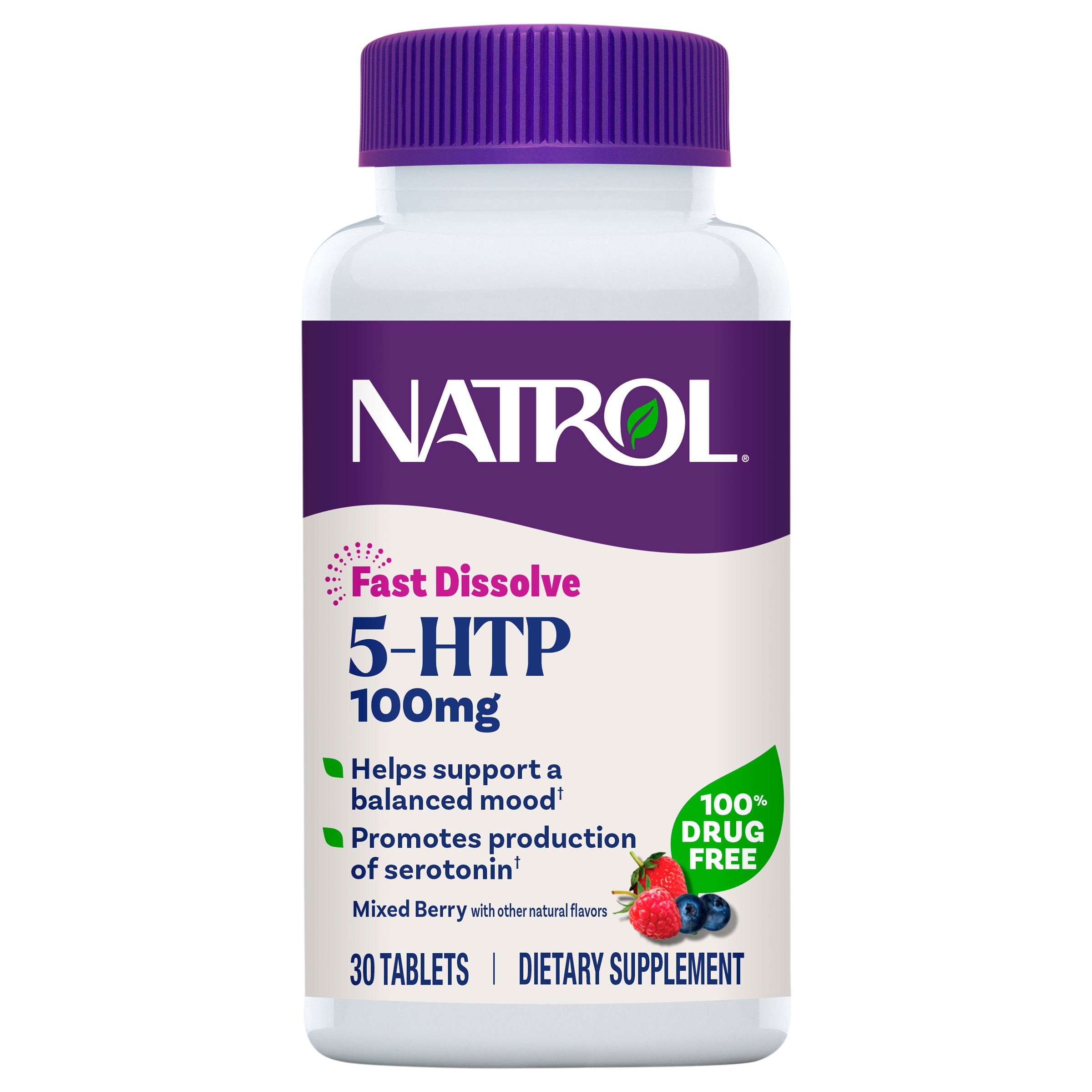 Natrol 5-HTP 100 mg, Fast Dissolve Supplement, Supports a Balanced Mood, Serotonin Production and General Well-Being, 30 Mixed Berry Tablets, Up to a 30 Day Supply - Case of 1